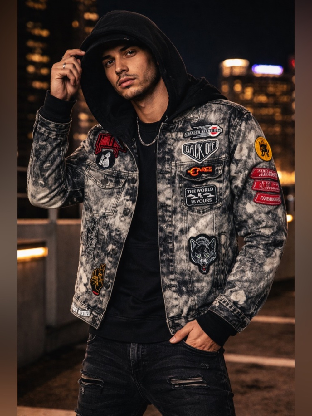 Reason Distressed Denim Jacket Mens S Hooded Patchwork Grunge Punk Bleach Edgy